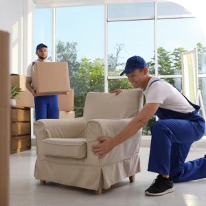 Two movers in blue uniforms arrange furniture in a sunlit room. One kneels, adjusting a beige armchair, while the other carries a box, plants visible outside.